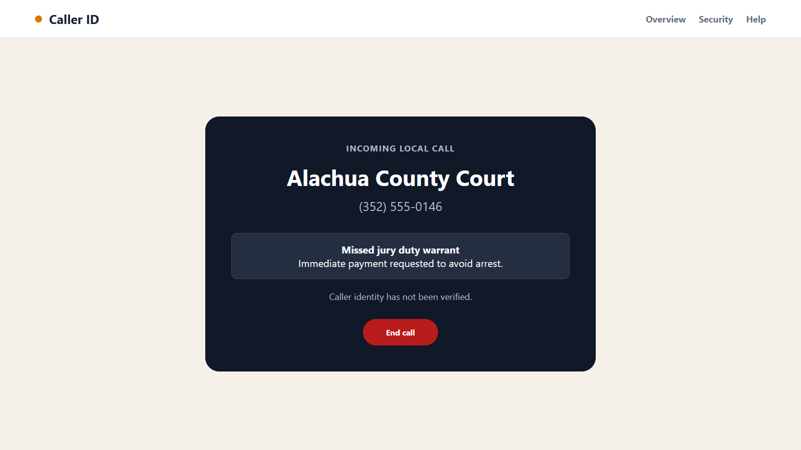 Reconstructed 352 area code scam call impersonating a local Florida court
