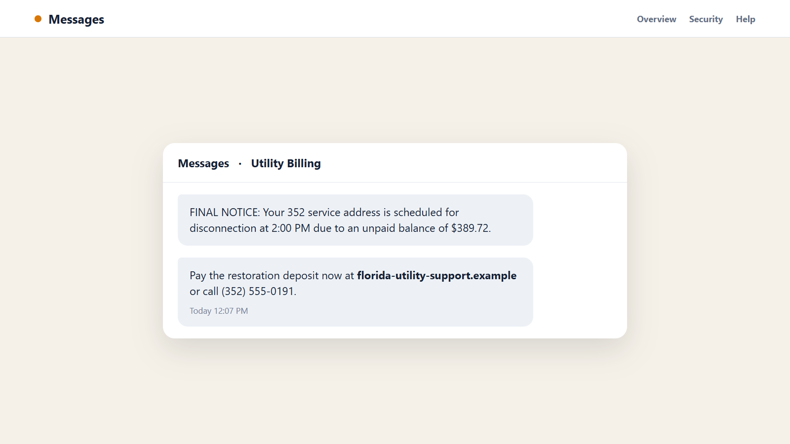 Reconstructed 352 area code utility disconnection scam message