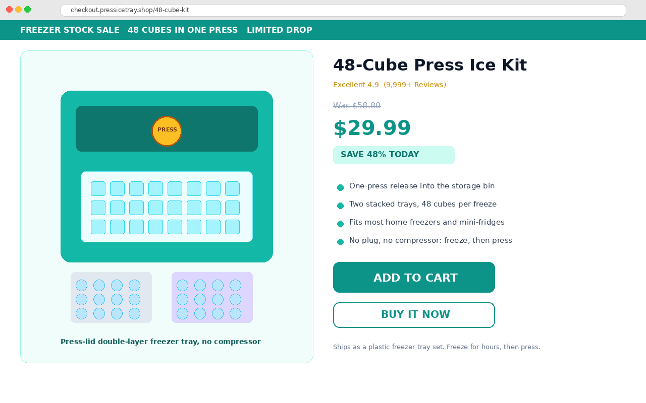 Viral 48-Cube Ice Maker EXPOSED: Instant Machine or Just a Freezer Tray? 2 48-cube press lid ice kit product layout showing trays bin and sale pricing