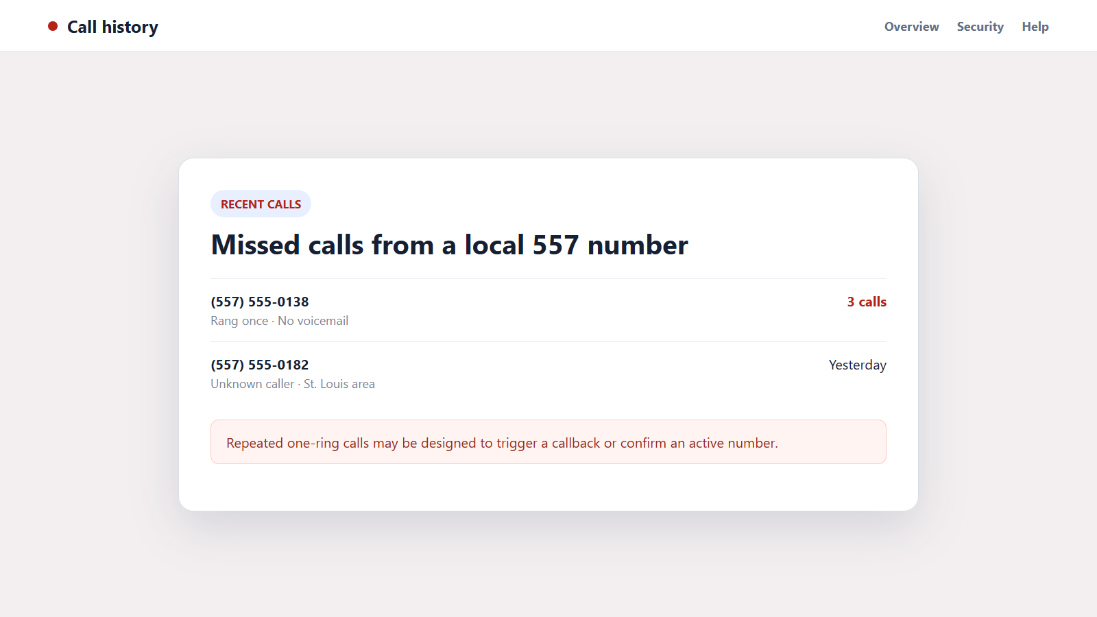 Reconstructed call history showing repeated one-ring calls from 557 numbers