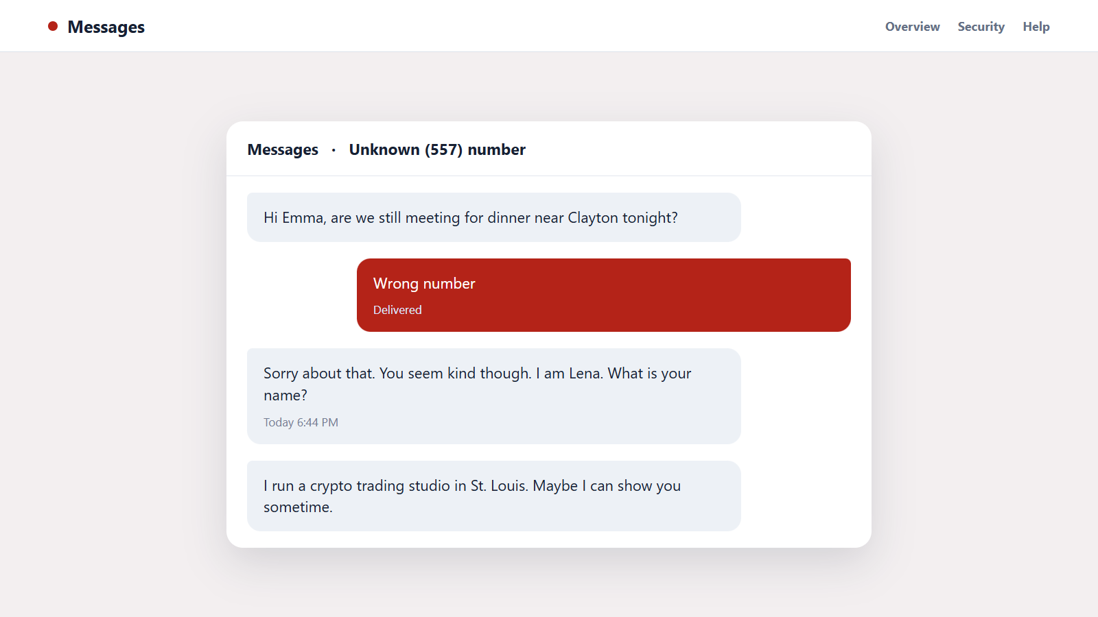 Reconstructed 557 wrong-number scam conversation leading toward cryptocurrency