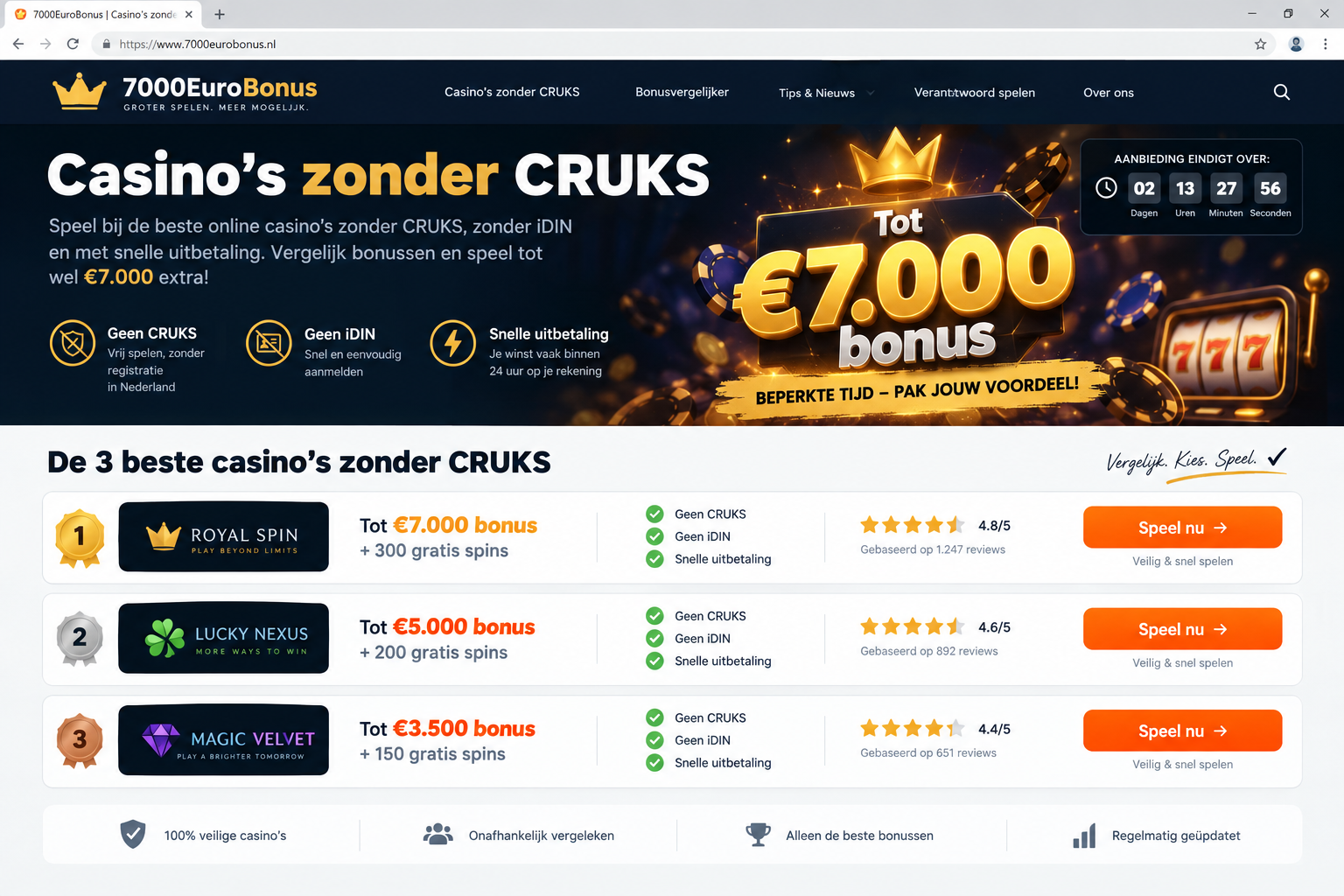 Affiliate casino comparison page promoting a €7,000 bonus and casinos without CRUKS
