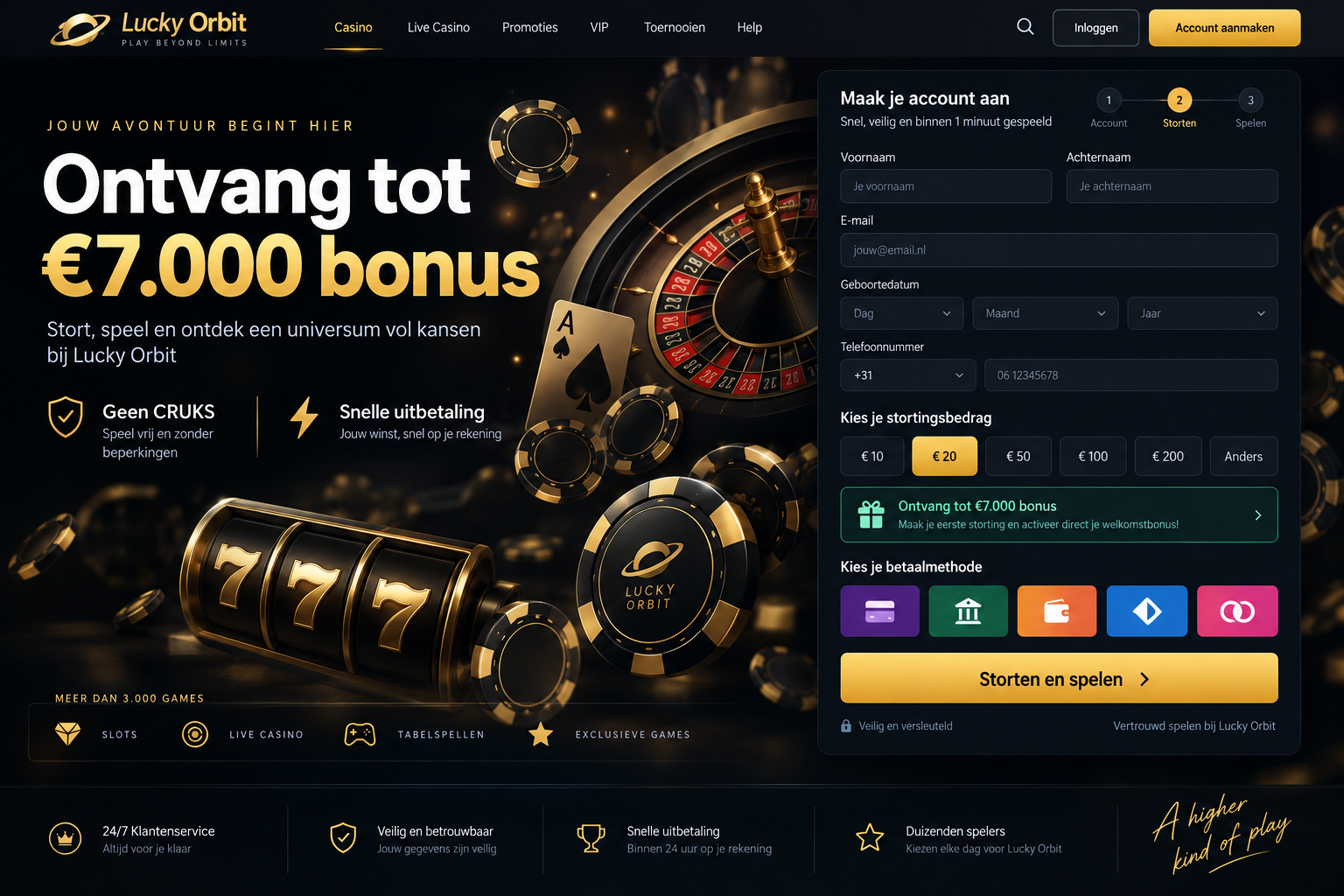 Offshore casino signup page pairing a small deposit with an oversized €7,000 bonus