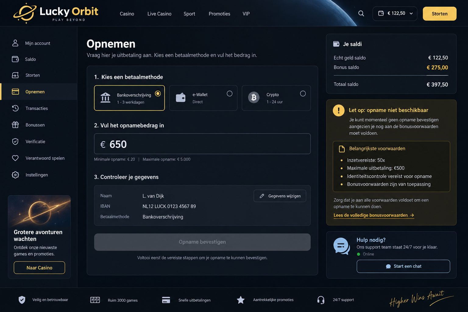 Casino withdrawal page showing 50x wagering, a €500 cashout limit, and identity verification
