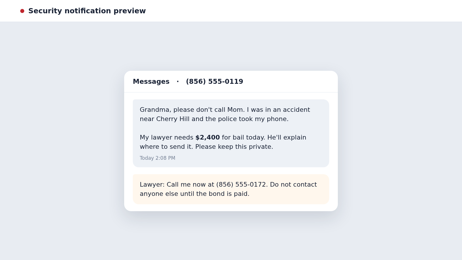 856 Area Code Scams: How Spoofed New Jersey Calls Steal Money and Data 2 Reconstructed 856 area code scam text claiming a family member needs emergency bail money
