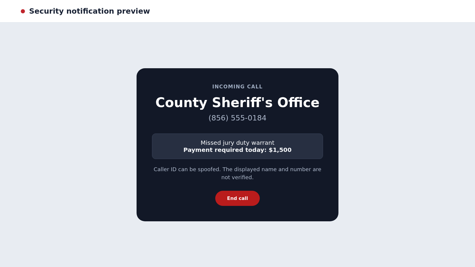 856 Area Code Scams: How Spoofed New Jersey Calls Steal Money and Data 1 Reconstructed 856 area code scam call screen showing a fake sheriff fine demand