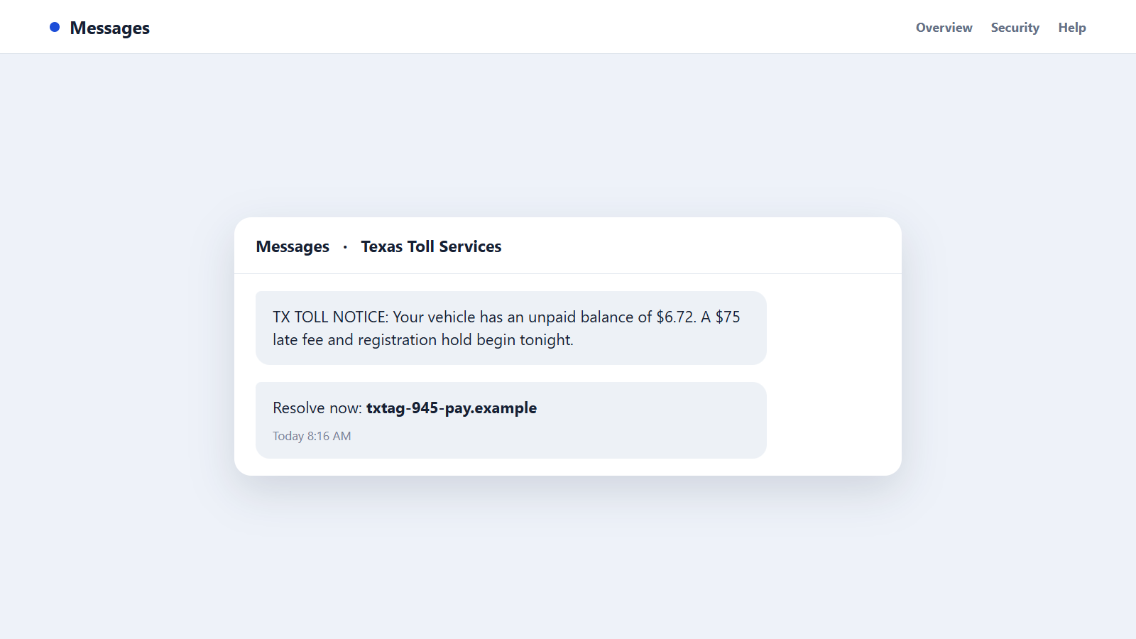945 Area Code Scam Texts: How Fake Texas Toll Alerts Steal Card Details 1 Reconstructed 945 area code scam text demanding payment for a Texas toll