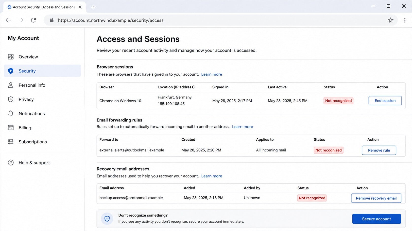 Account access and sessions page showing an unknown session forwarding rule and recovery email
