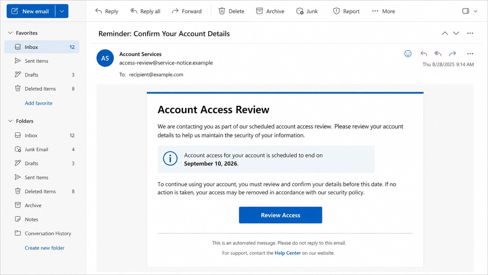 Access Review Notice phishing email warning that account access will expire