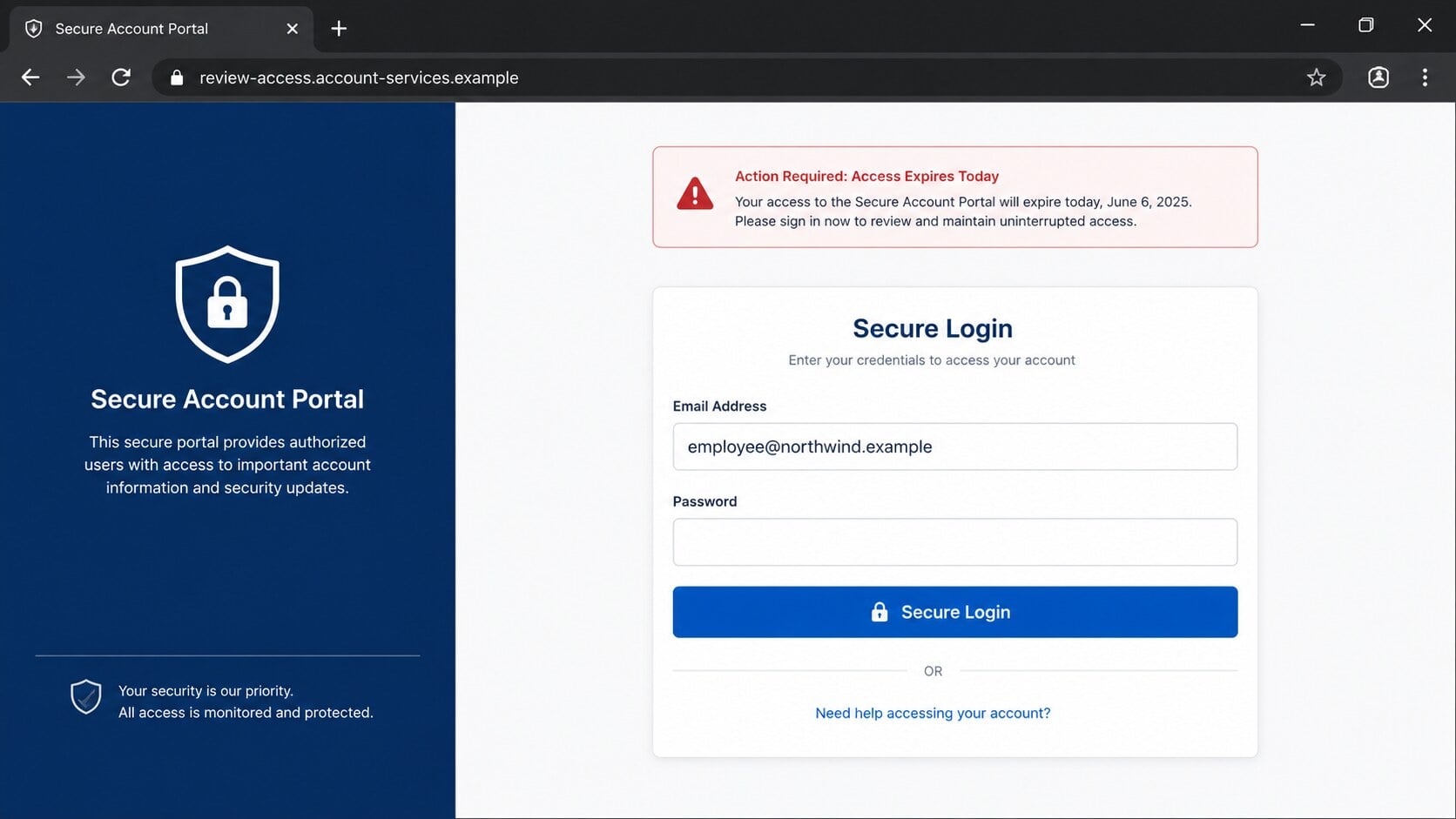 Fraudulent Secure Account Portal asking for a password before access expires