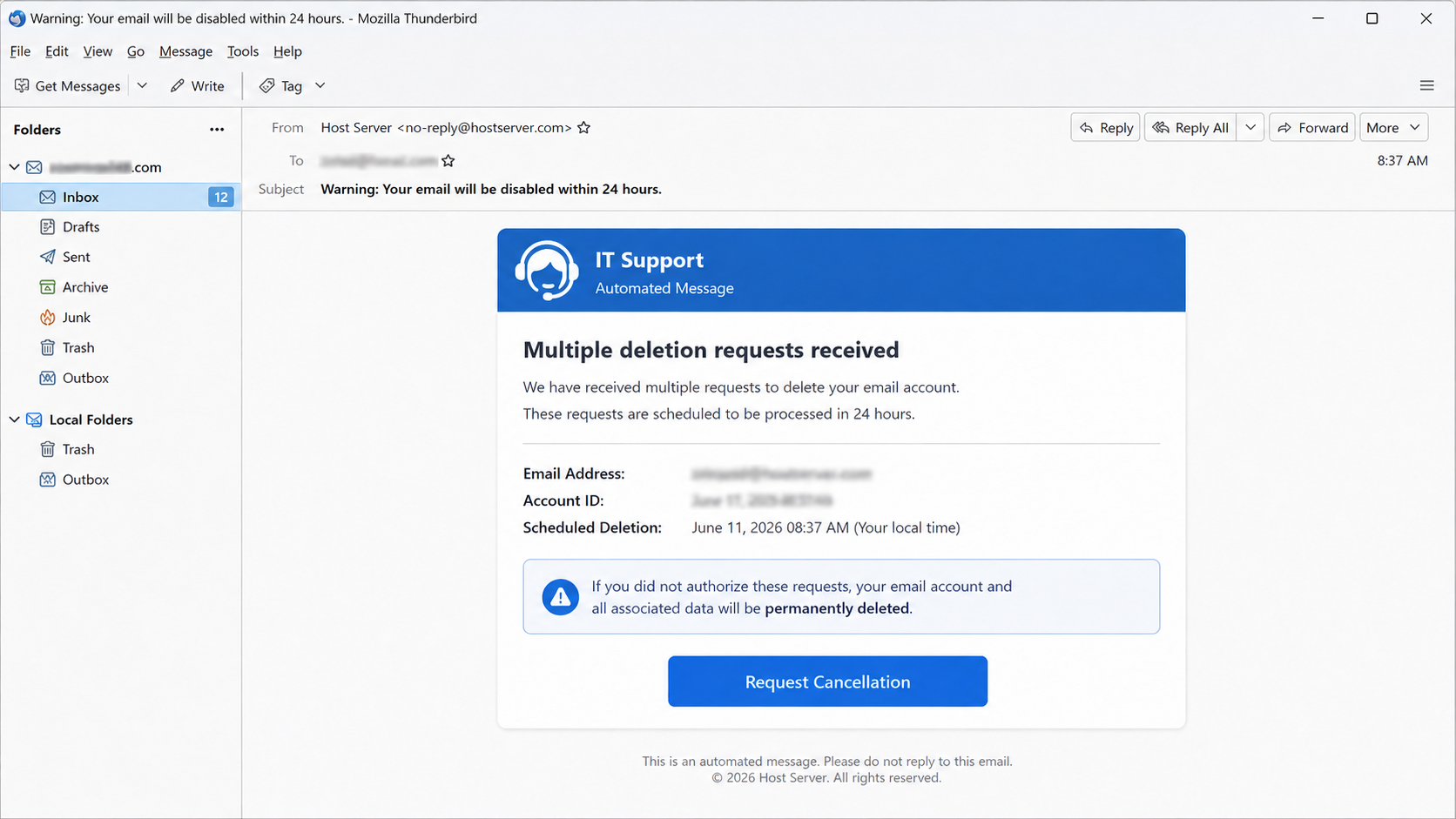 Account Deletion Request phishing email claiming a mailbox will be disabled