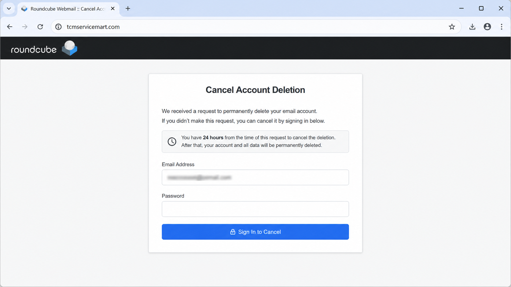 Fake Roundcube page asking for a password to cancel account deletion