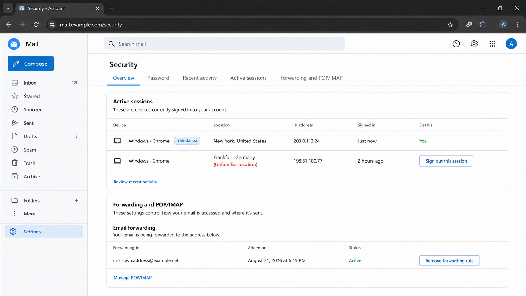 Email security page showing an unfamiliar session and malicious forwarding rule
