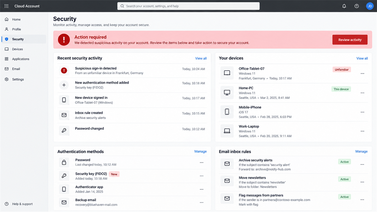 EvilTokens Emails Hijack Microsoft 365 Without a Password 3 Microsoft 365 security screen showing an unknown device and suspicious inbox rule after token theft