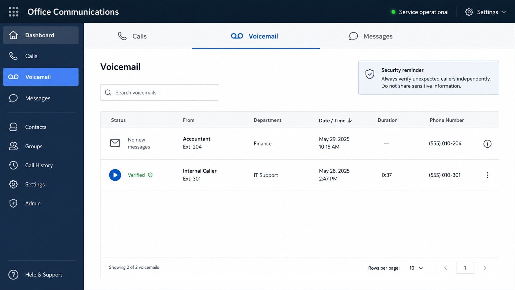 Legitimate office communications dashboard showing no new voicemail from an accountant