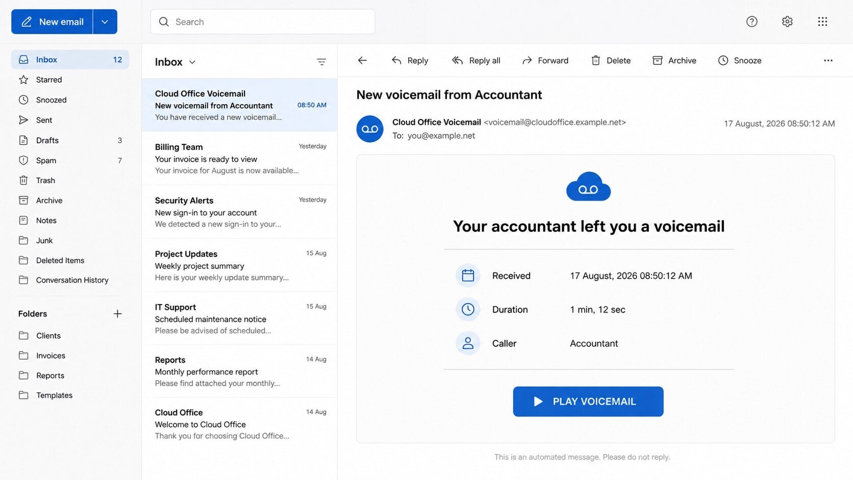 Accountant Voicemail phishing email with a Play Voicemail button and message duration