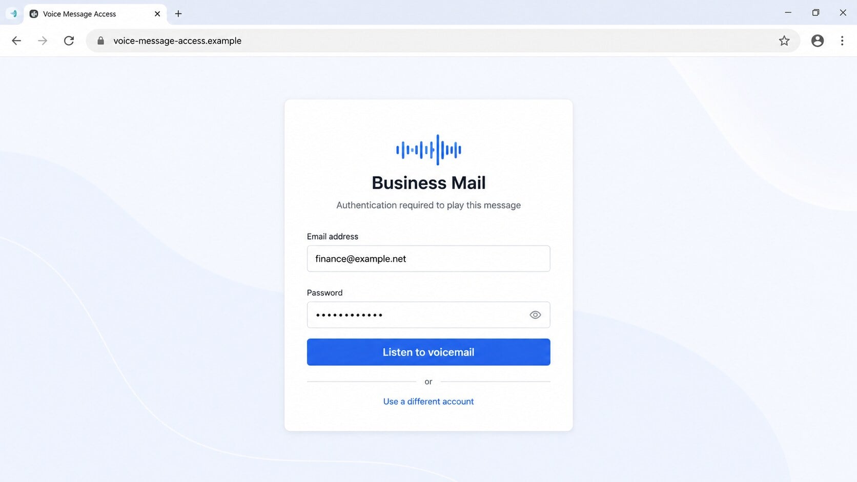 Counterfeit business mail login page asking for credentials before playing a voicemail