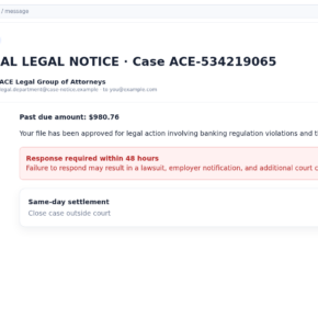 Reconstructed ACE Legal Group lawsuit scam email threatening court action over an unverified payday loan