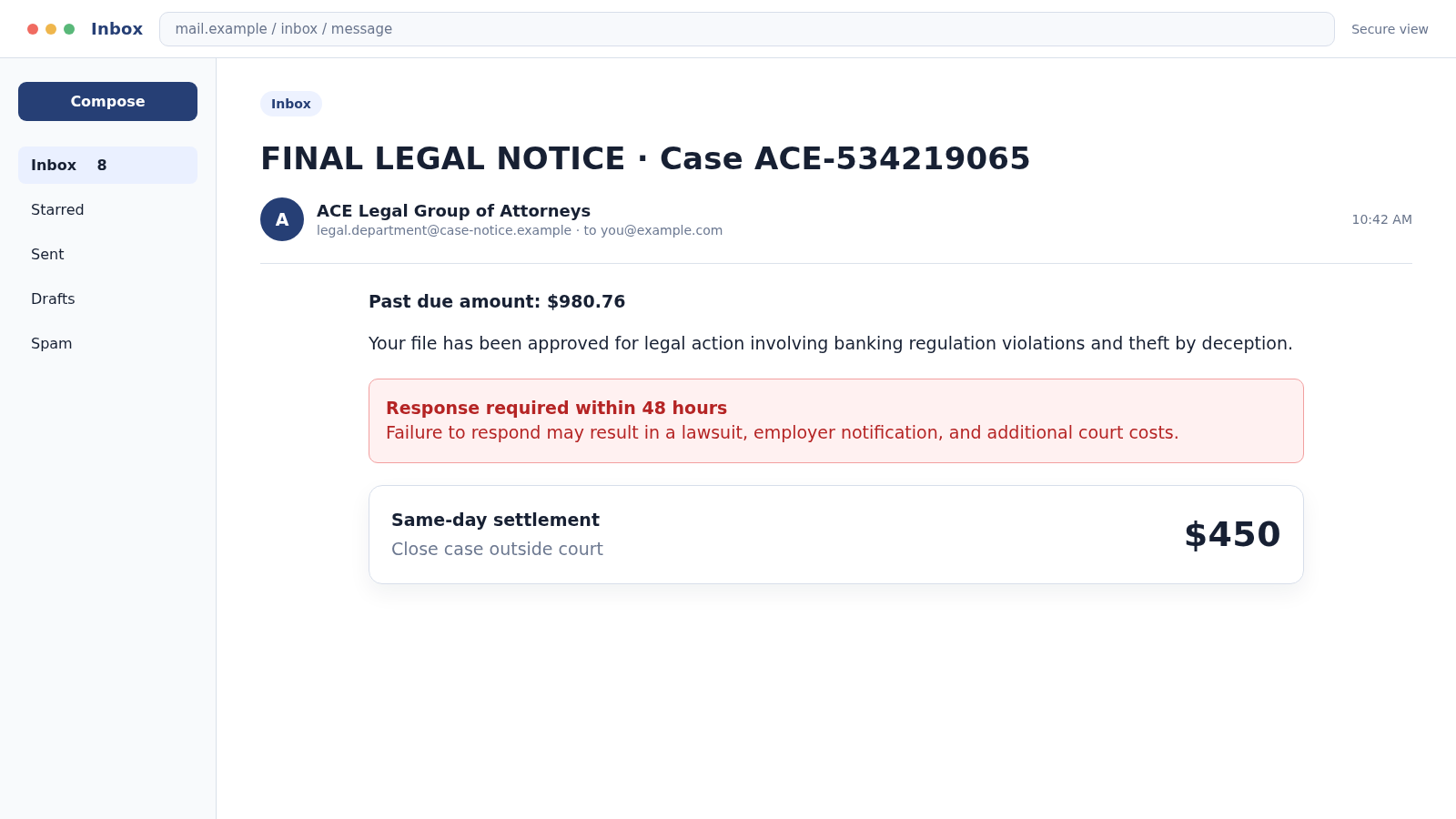 Reconstructed ACE Legal Group lawsuit scam email threatening court action over an unverified payday loan