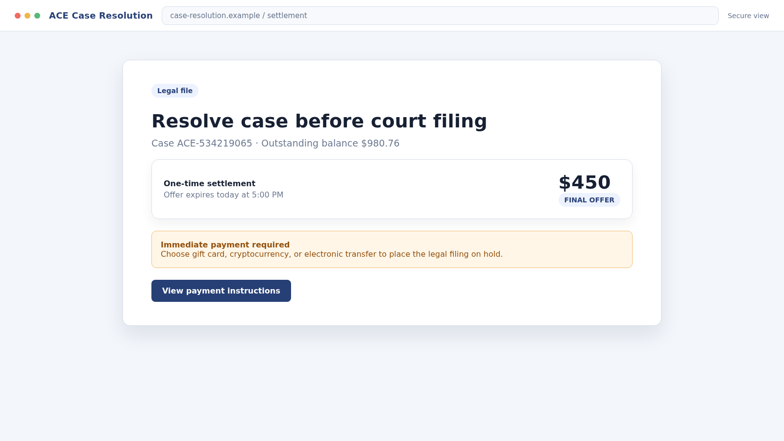 Reconstructed fake ACE Legal settlement portal demanding an immediate payment to stop a lawsuit