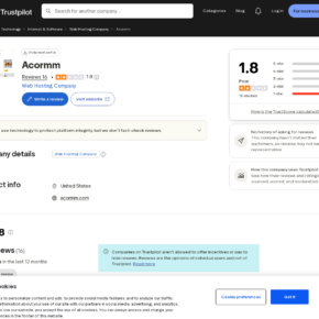 Screenshot of Acormm's public Trustpilot profile showing a low rating and customer review count
