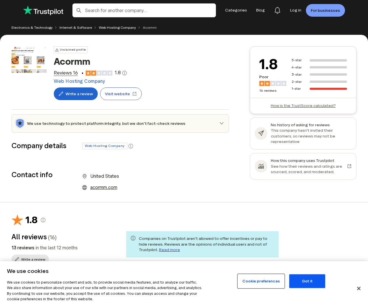 Screenshot of Acormm's public Trustpilot profile showing a low rating and customer review count