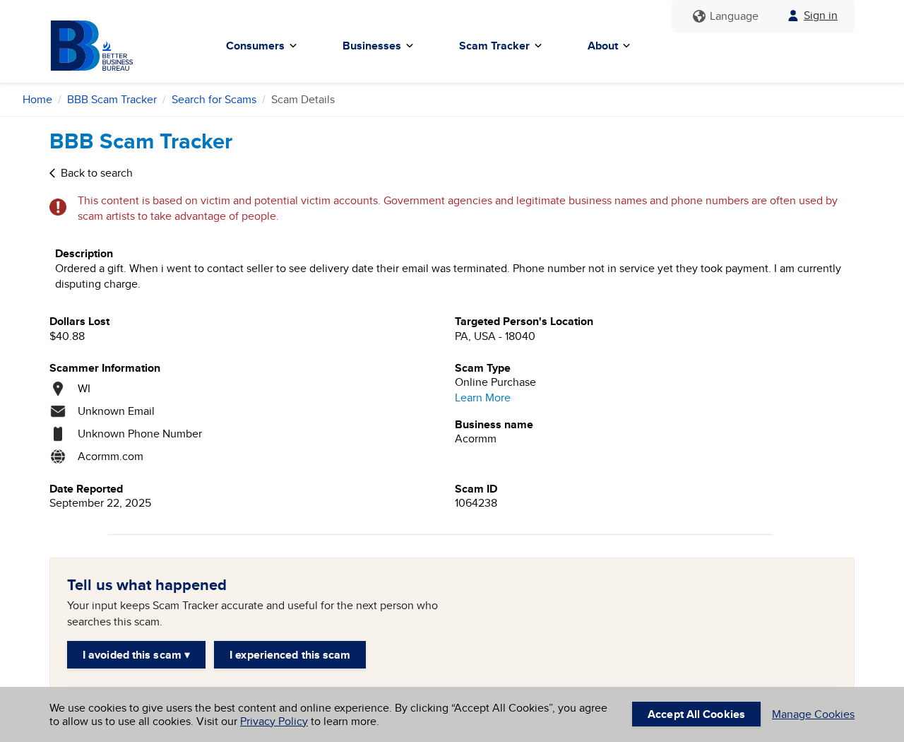 Screenshot of a Better Business Bureau Scam Tracker report naming Acormm.com and describing an undelivered order