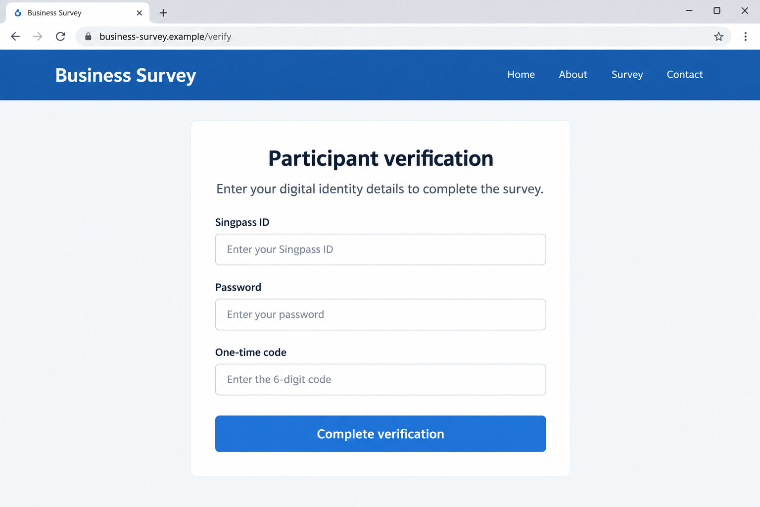 ACRA Survey Scam: A Fake Form Wants Your Singpass 2 Illustrative fraudulent survey form requesting Singpass credentials and a one-time code