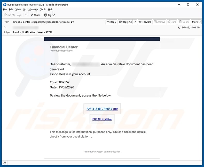 Administrative Document Email Scam: Fake Financial Center Login Exposed 1 Administrative Document Has Been Generated phishing email disguised as a Financial Center invoice notice