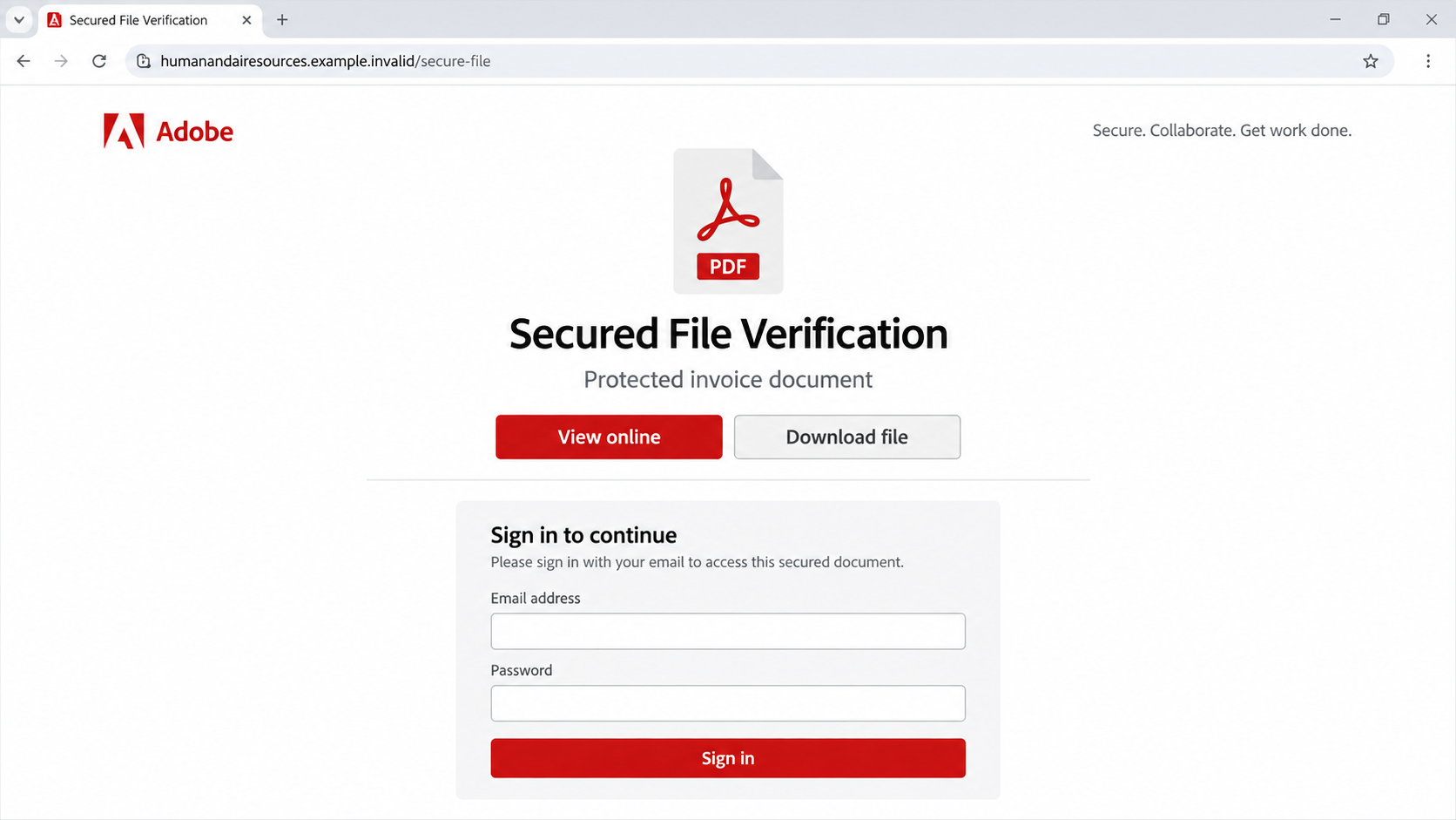 Norton Protected Document Email Scam: Fake Adobe Invoice Login Exposed 2 Illustrative Adobe-style secured invoice verification page with a login form at a fictional domain
