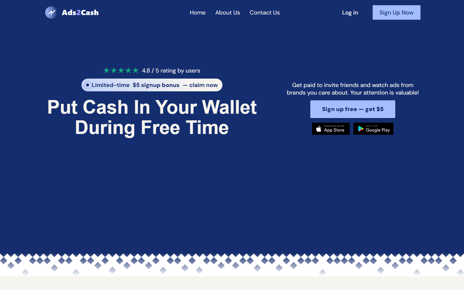 Ads2Cash homepage promising a $5 signup bonus and money for watching ads and inviting friends
