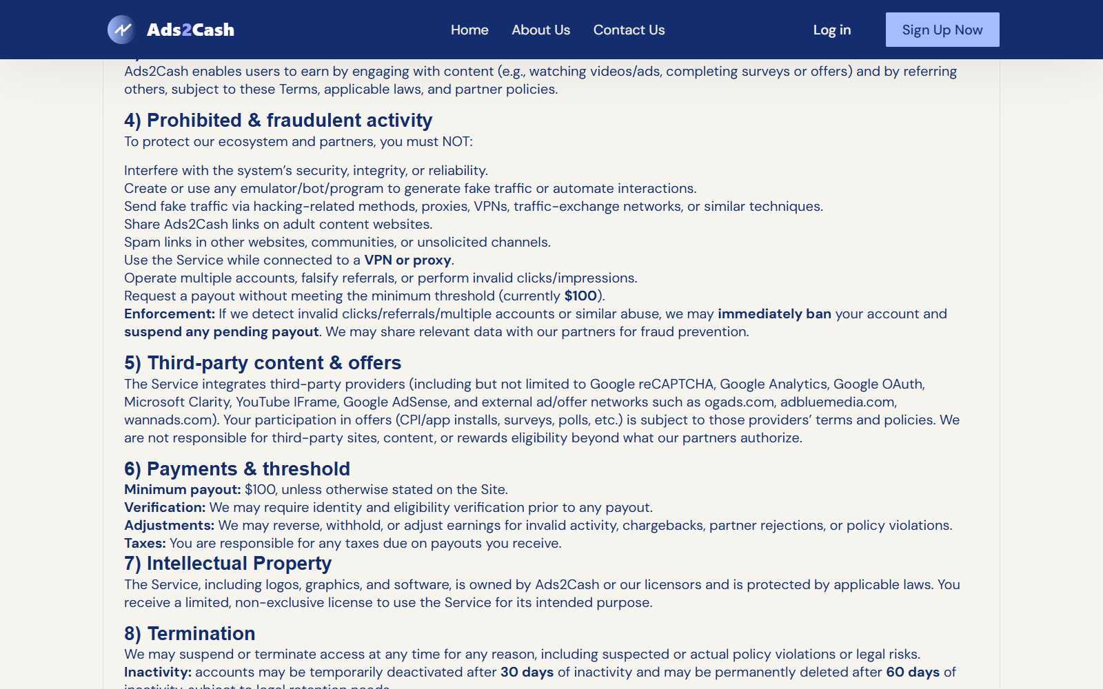 Ads2Cash terms showing a $100 payout threshold, verification, offer networks, and withholding clauses