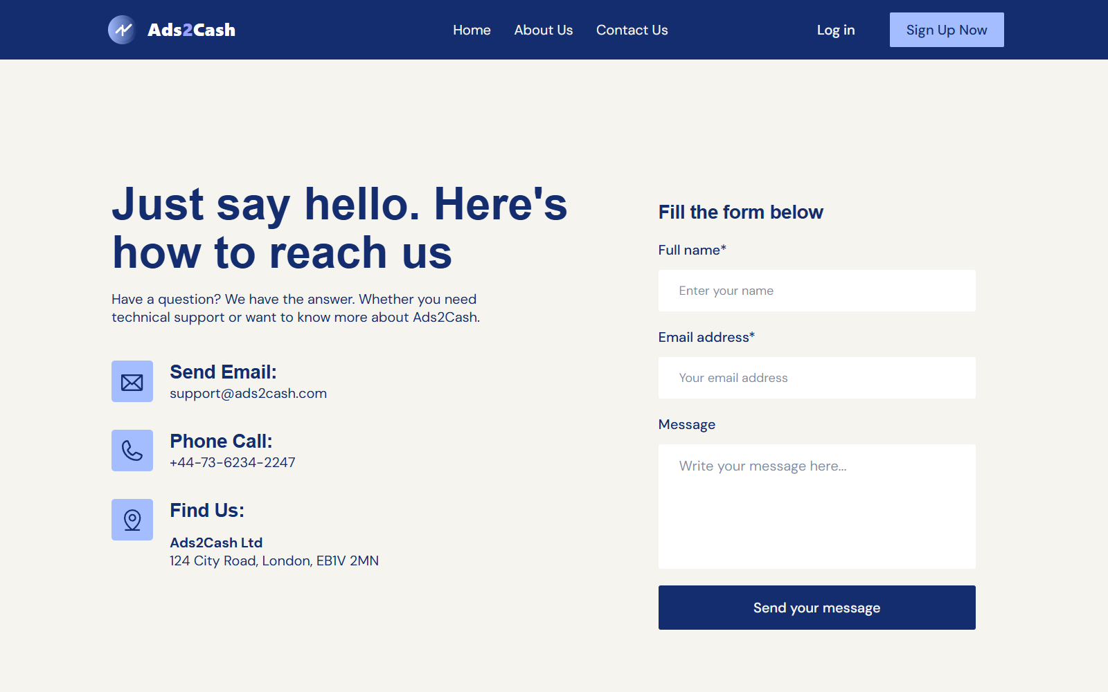Ads2Cash contact page listing a support email, UK mobile number, and questionable London postcode