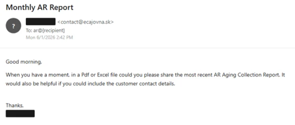 Authentic Microsoft example of the fake monthly accounts receivable aging report request