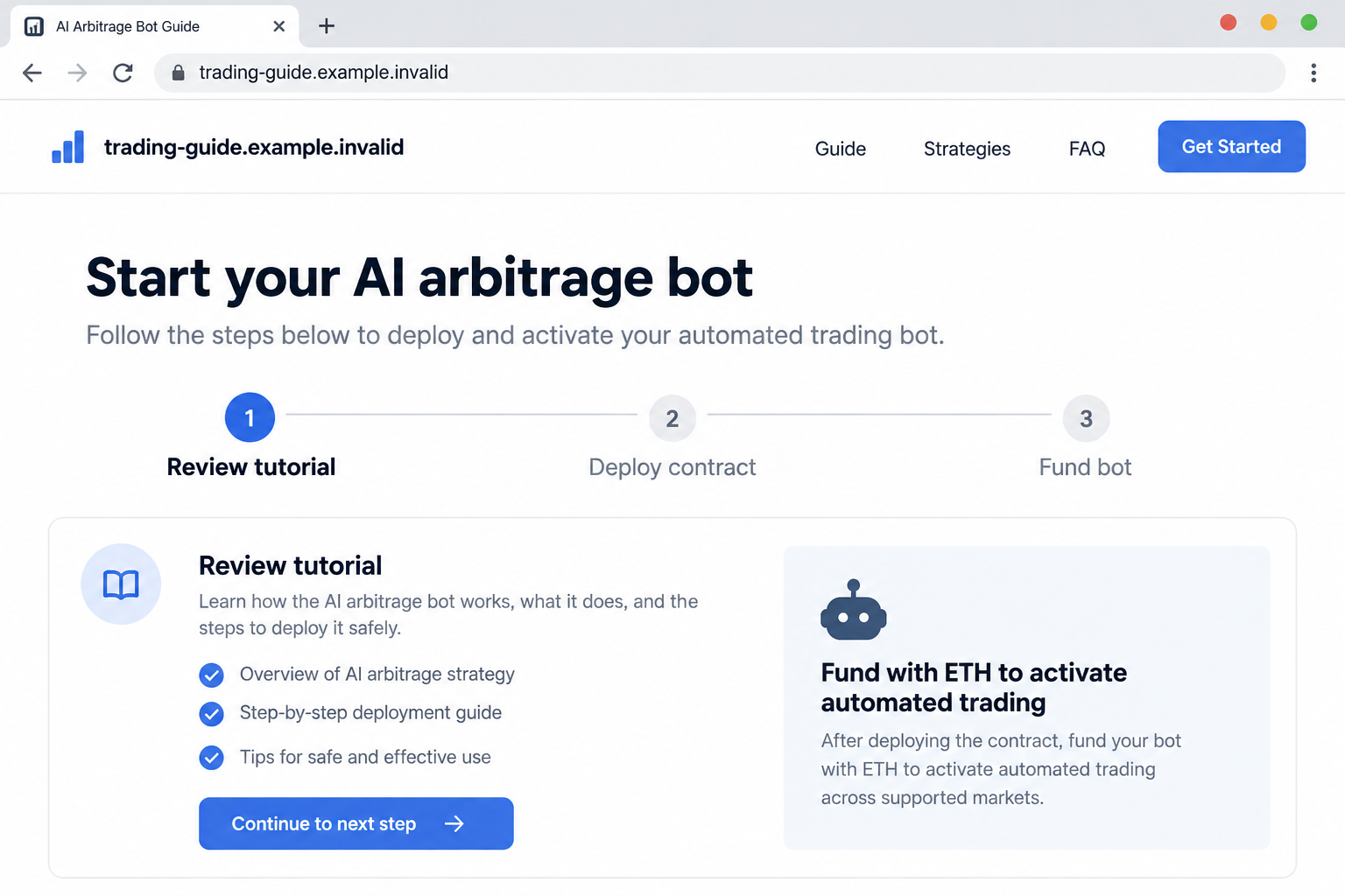 Illustrative fake AI arbitrage bot guide directing a user to deploy and fund a contract