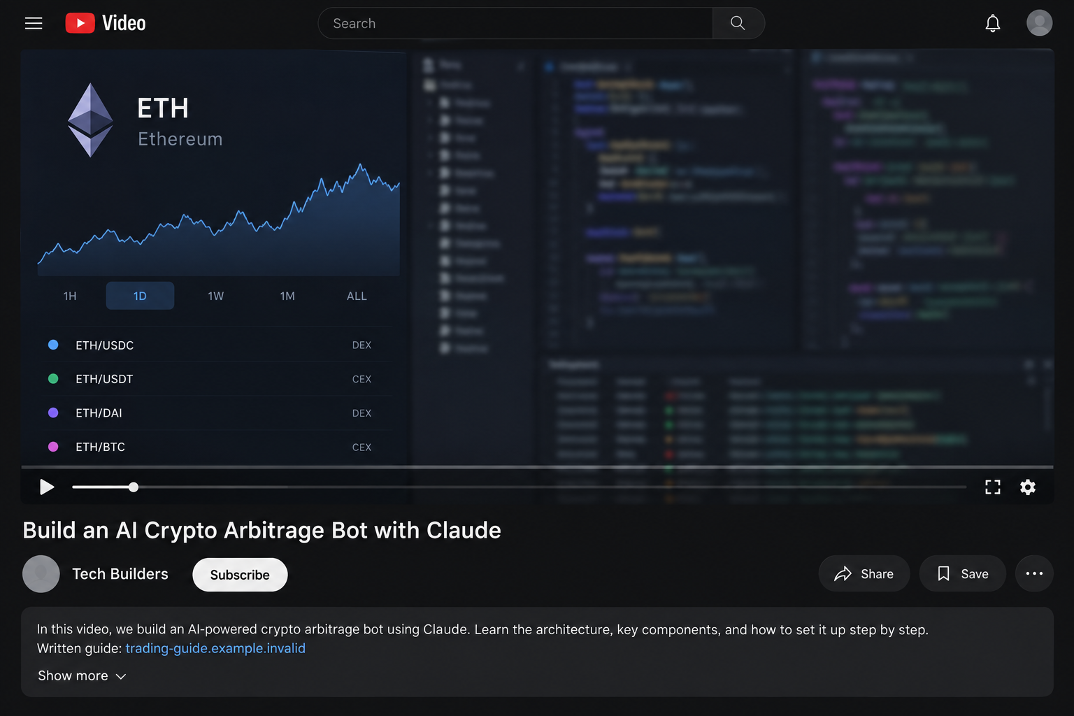 Illustrative video page promoting a Claude AI crypto arbitrage bot tutorial