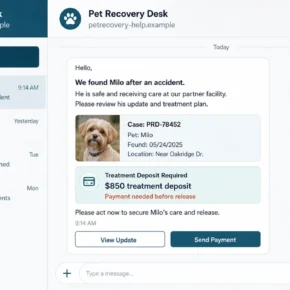 AI pet emergency scam message claiming a missing dog needs urgent treatment