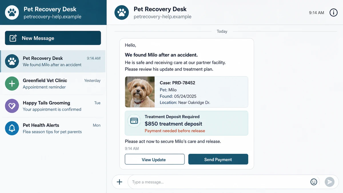 AI pet emergency scam message claiming a missing dog needs urgent treatment