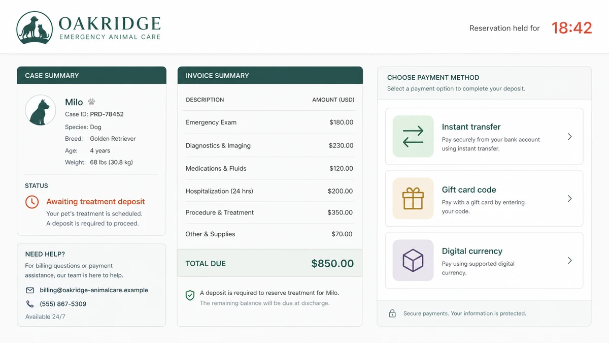 Fake animal hospital portal demanding an $850 pet treatment deposit