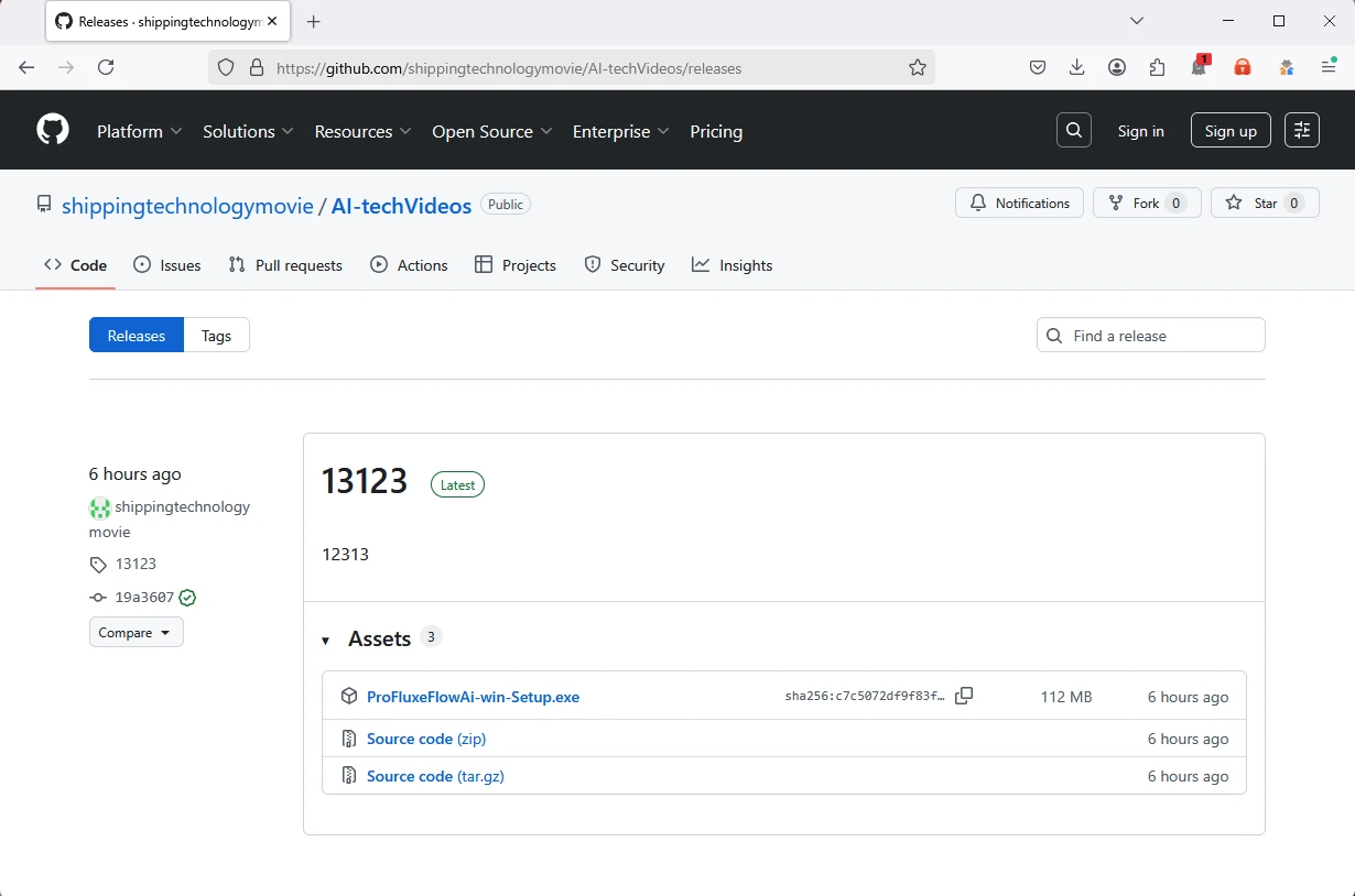 Awesome AI Windows Plugin Scam Installs Vidar 2 Authentic GitHub release screenshot showing the malicious ProFluxeFlowAi installer in the attacker repository
