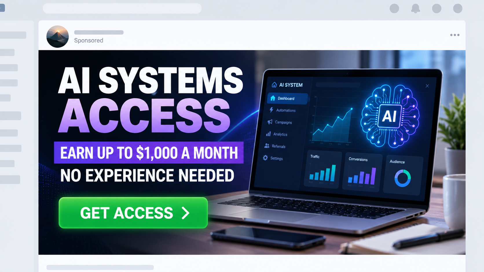 AI Systems Scam Exposed: Fees, Upsells, and Red Flags 1 Illustration of an AI Systems Access social media advertisement promising easy monthly income