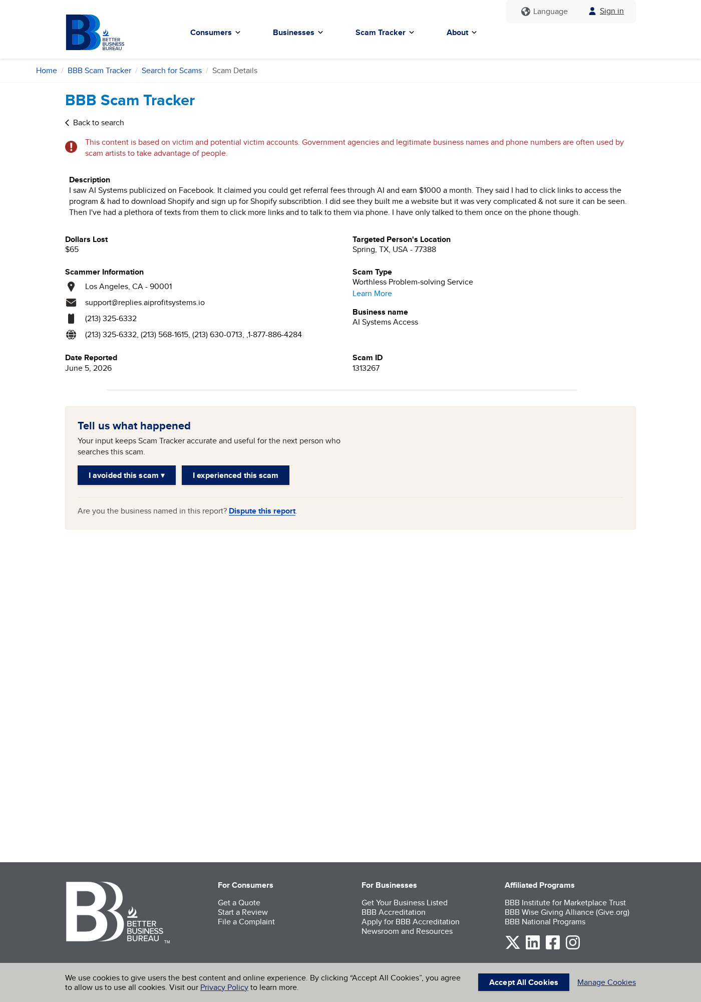 AI Systems Scam Exposed: Fees, Upsells, and Red Flags 2 BBB Scam Tracker report describing a payment and repeated messages linked to AI Systems Access