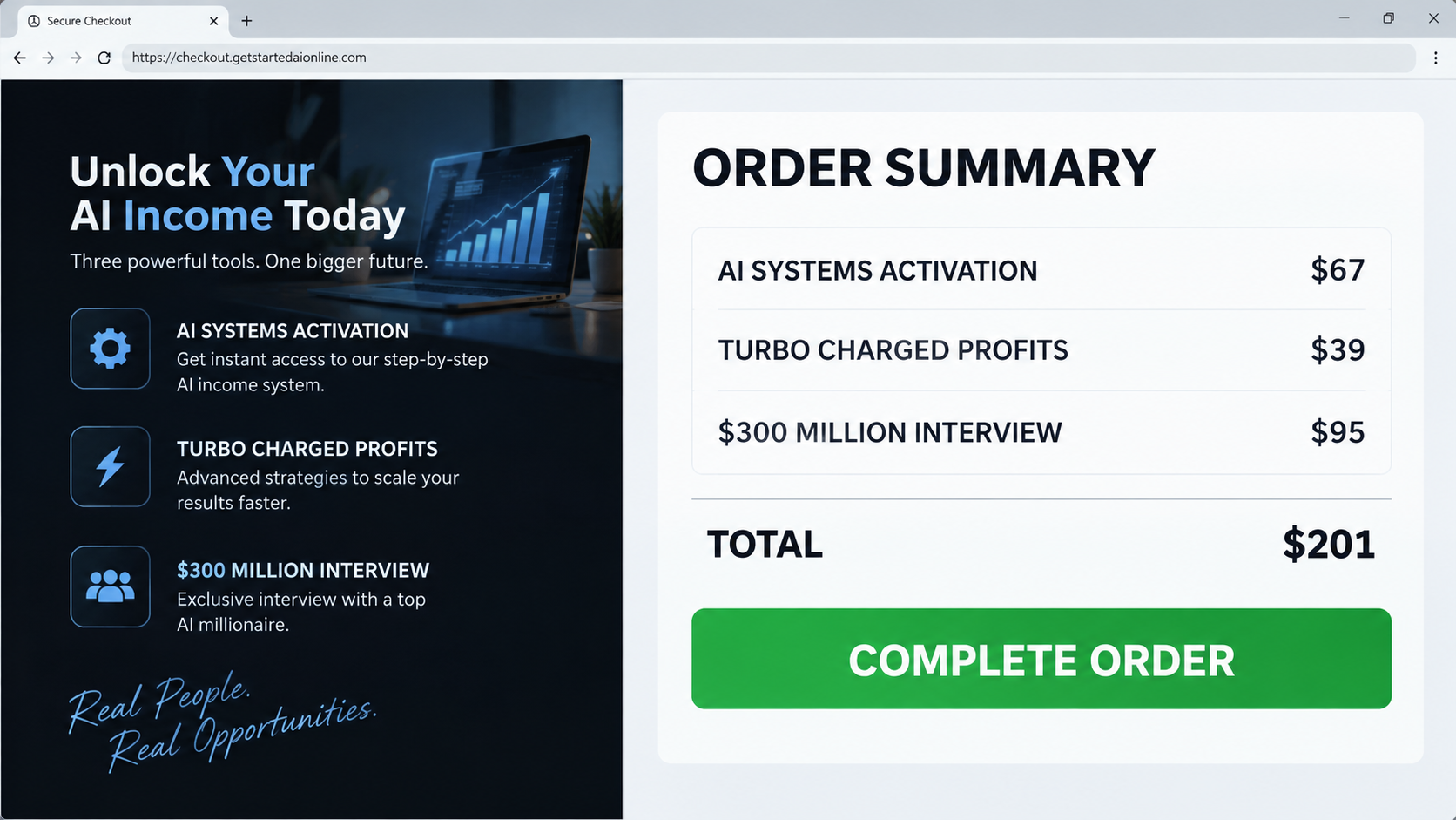 AI Systems Scam Exposed: Fees, Upsells, and Red Flags 3 Illustration of an AI Systems checkout with multiple paid upgrades totaling $201