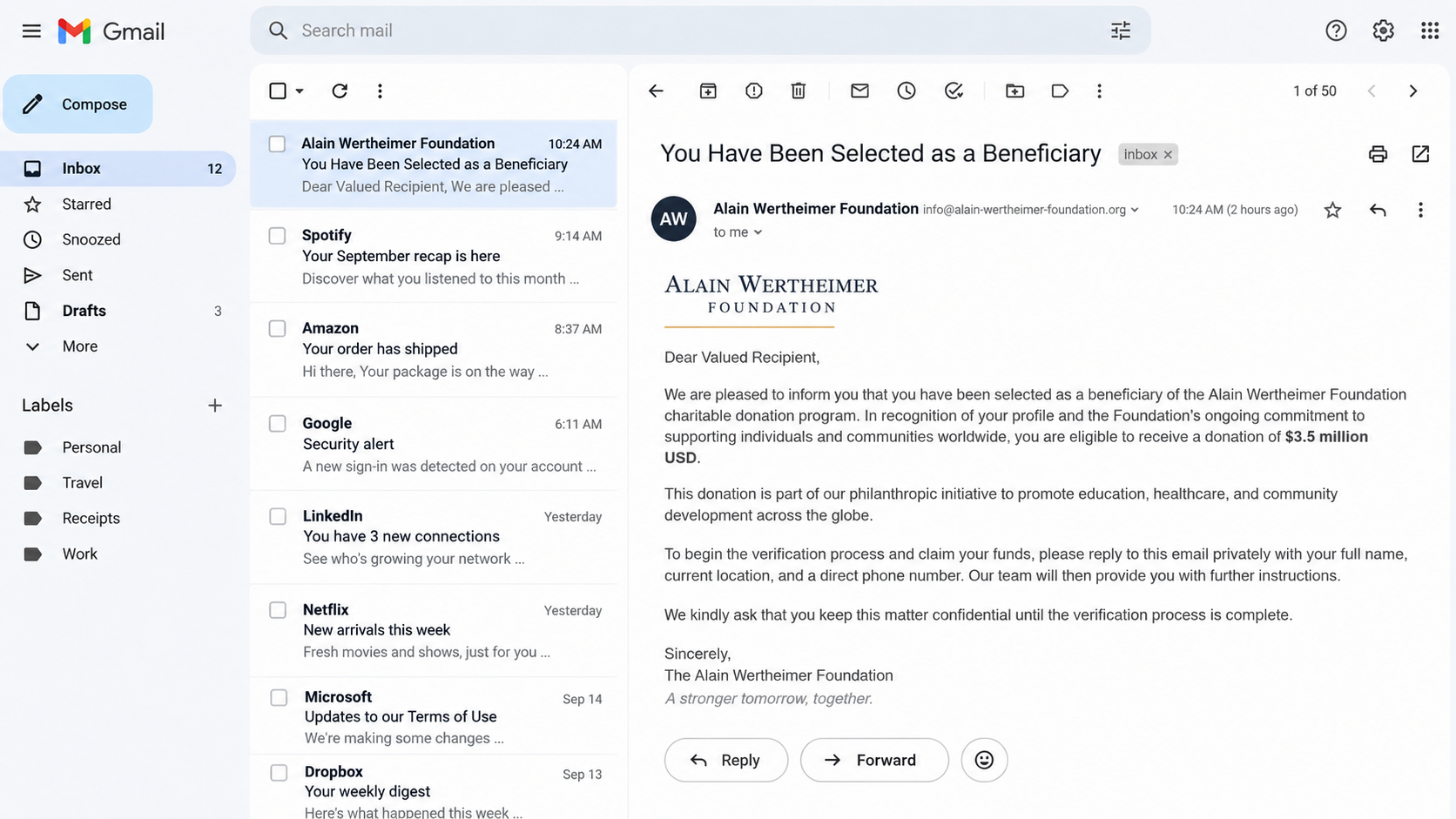 Email claiming the Alain Wertheimer Foundation selected a beneficiary for $3.5 million