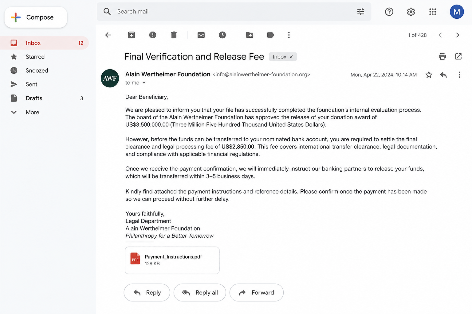 Follow-up beneficiary email demanding a $2,850 release fee before transferring funds