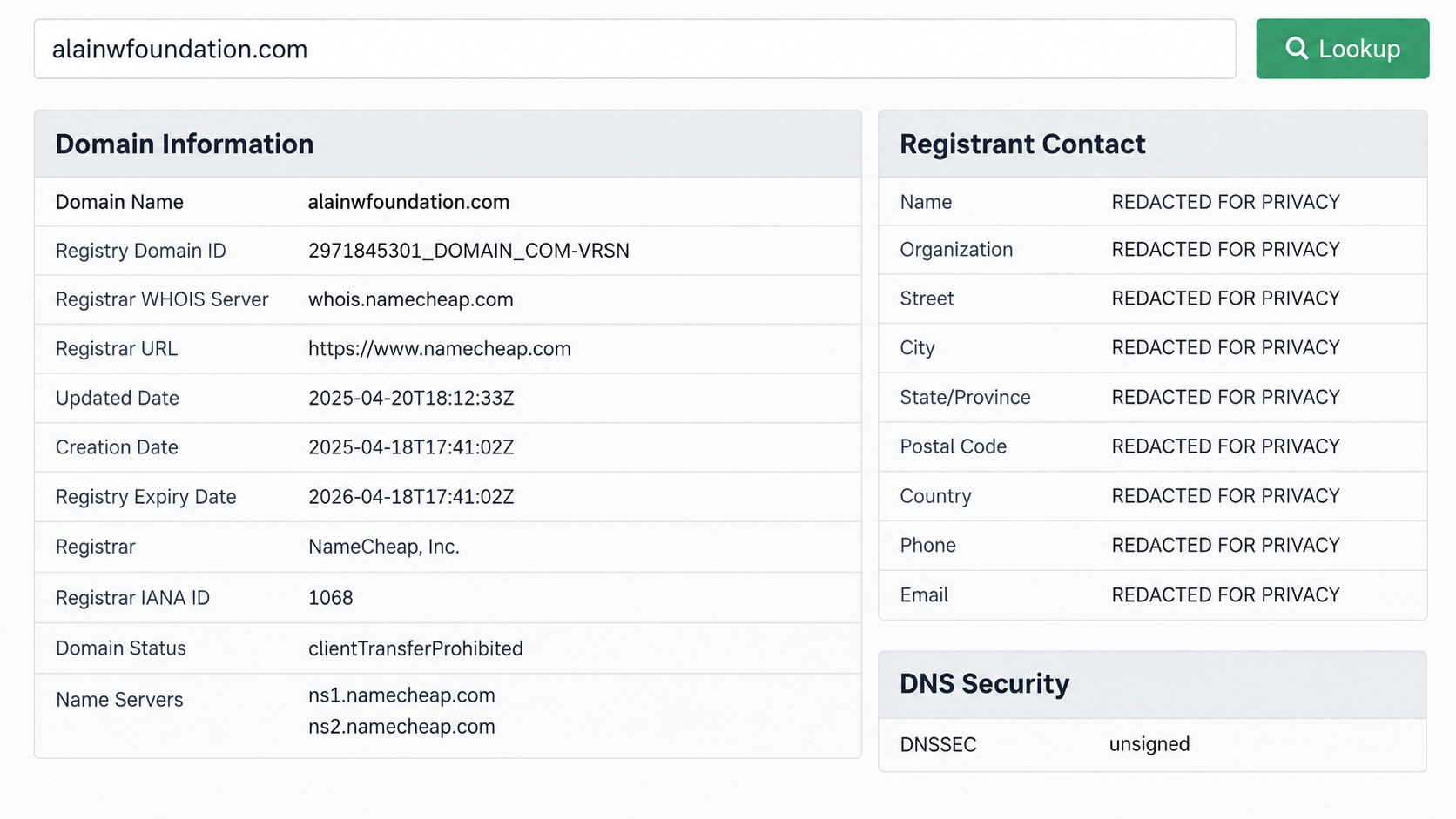 Domain lookup showing a recently created privacy-protected foundation website
