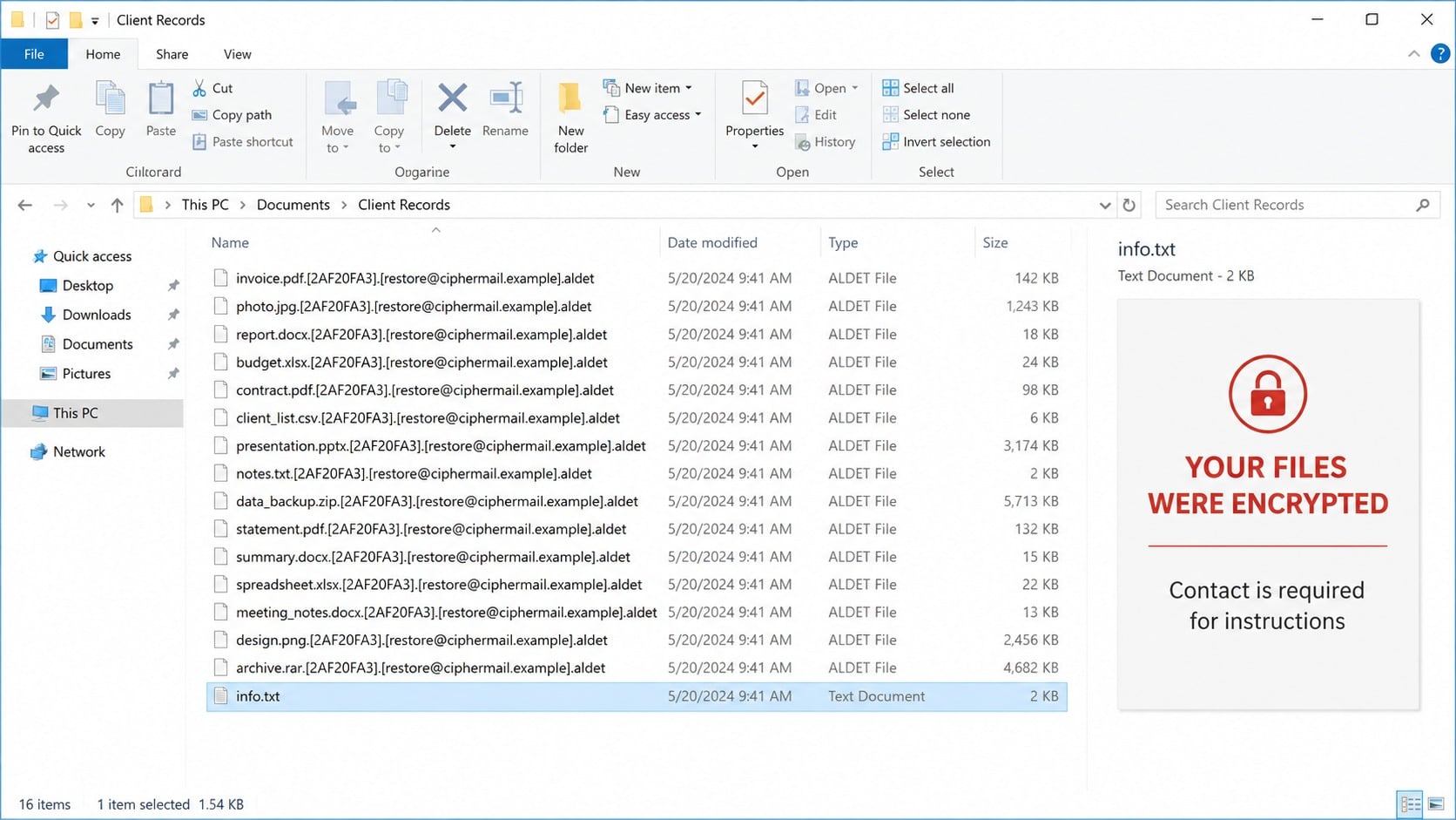 Files renamed with an Aldet victim ID contact address and .aldet extension