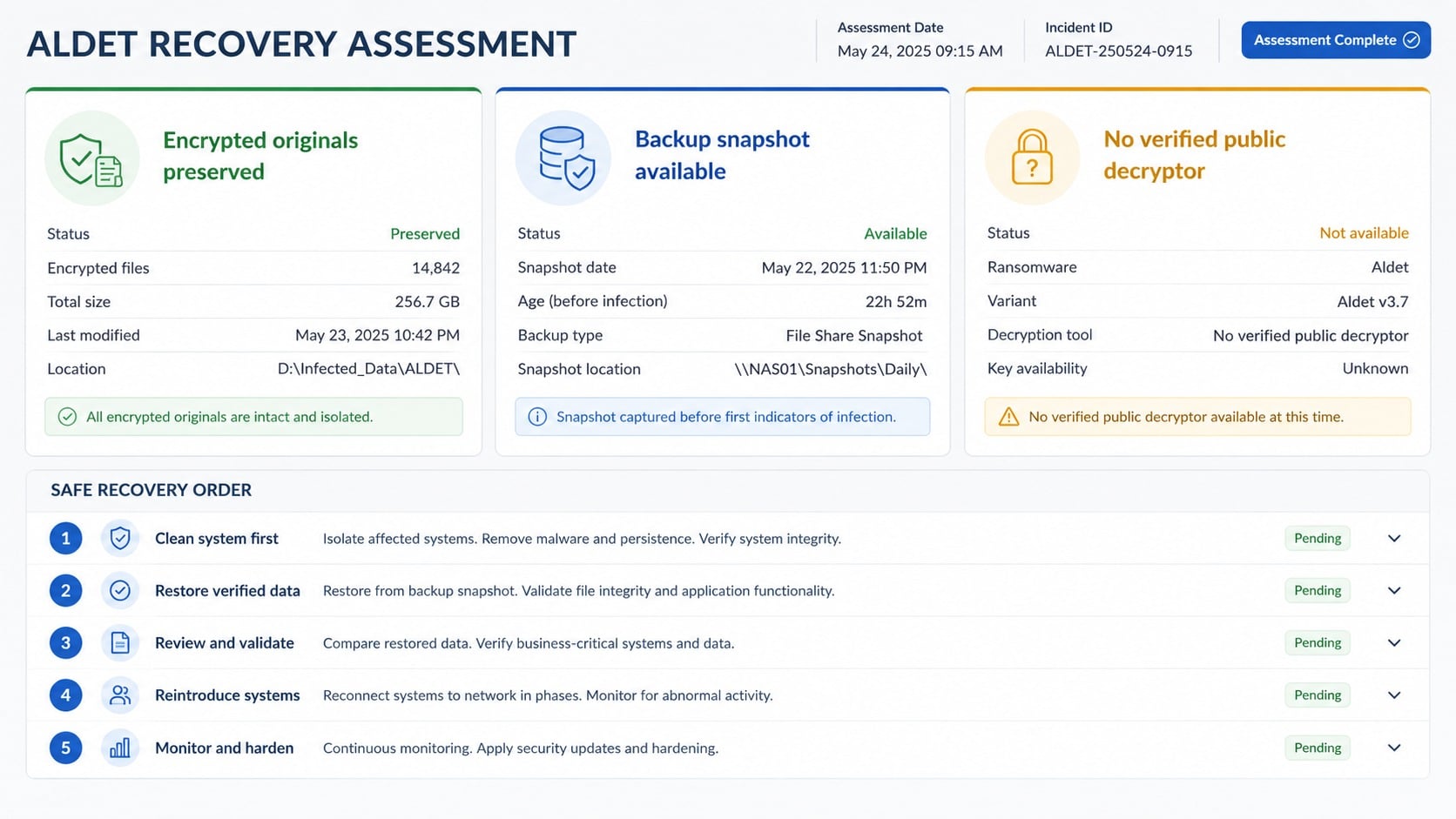 Aldet ransomware recovery assessment preserving encrypted files and clean backups