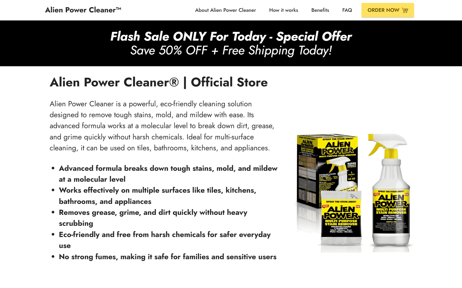 Alien Power Cleaner official store page with 50% sale and household cleaning claims