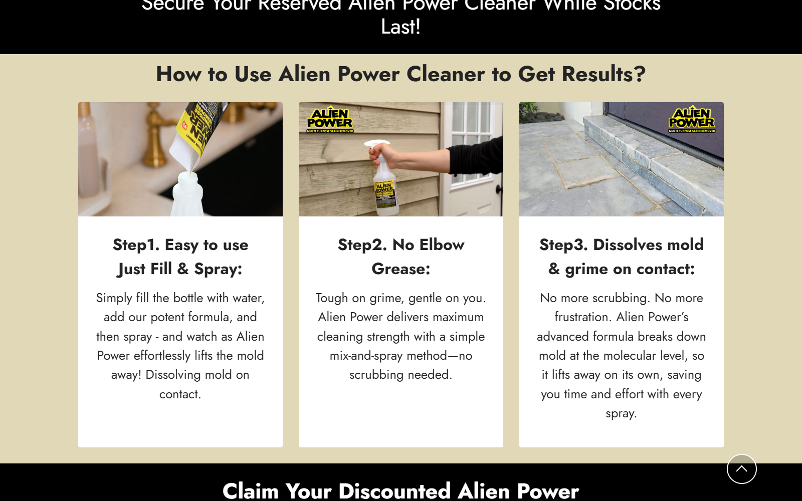 Alien Power Cleaner instructions claiming no scrubbing and mold removal at a molecular level